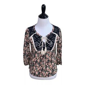 Color Of Love Women's Peasant Blouse Top S Small Floral Lace Puff Sleeves